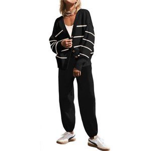 Women's Two Piece Outfits Knit Sweater Sets Oversized, Stripeblack